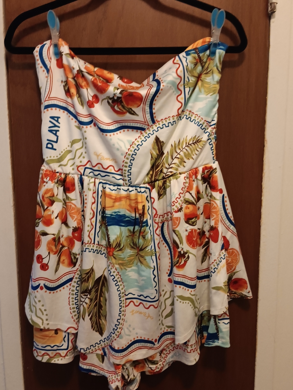 Derek Heart Romper White Multicolor Tropical Print Lined Stretchy Strapless Xl